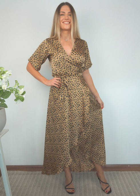 Dress The Satin Wrap Dress - Leopard Gold dubai outfit dress brunch fashion mums