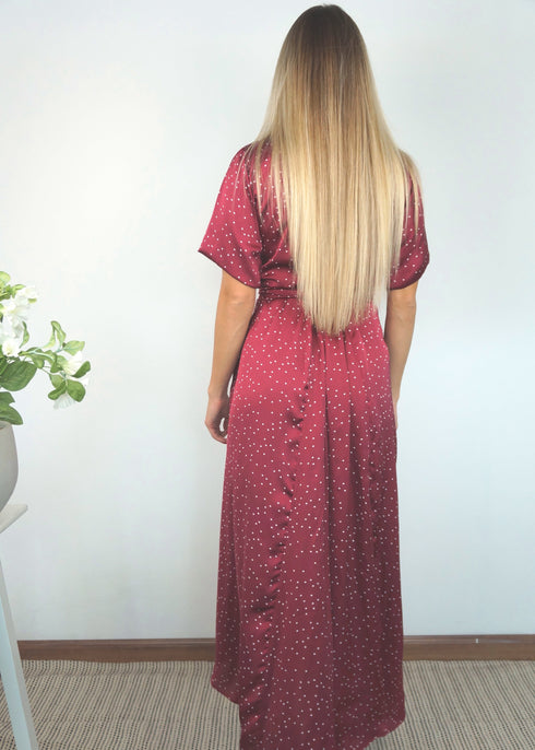 Dress The Satin Wrap Dress - Merlot Polka dubai outfit dress brunch fashion mums