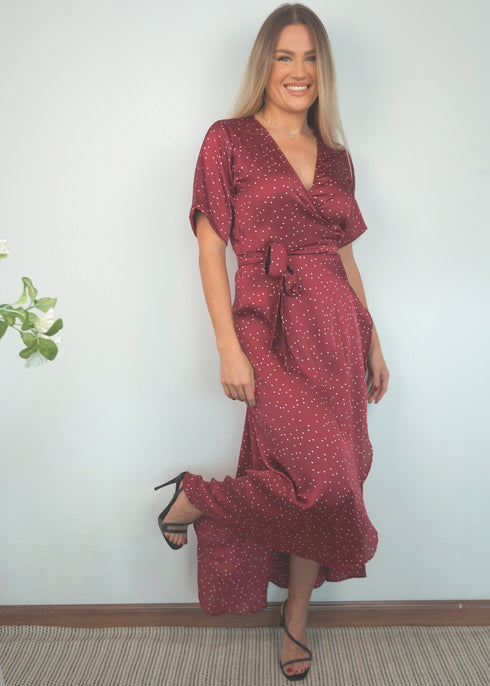 Dress The Satin Wrap Dress - Merlot Polka dubai outfit dress brunch fashion mums