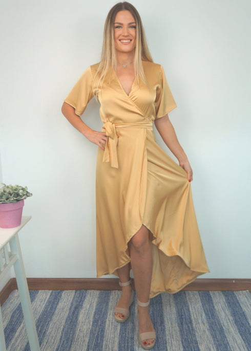 Dress The Satin Wrap Dress - Pure Gold dubai outfit dress brunch fashion mums