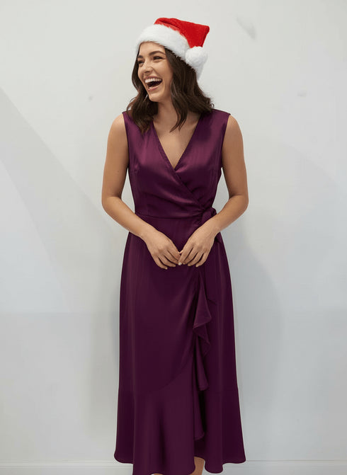 Dress The Sleeveless Midi Wrap Dress - Mulberry Satin dubai outfit dress brunch fashion mums