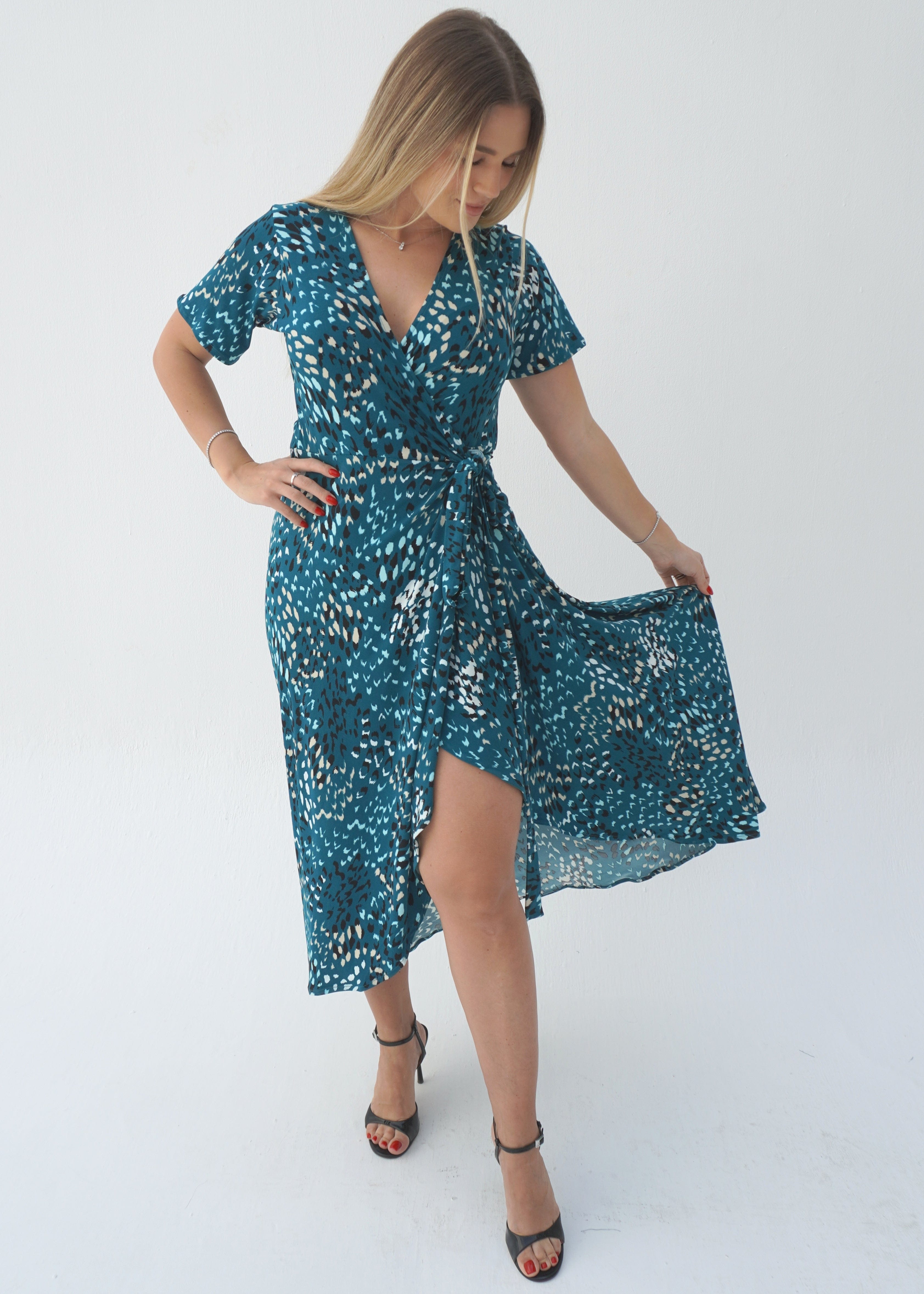 green printed wrap dress Angel Maternity Isabella Maternity Wrap Midi Dress In Green Palm Print main image 0