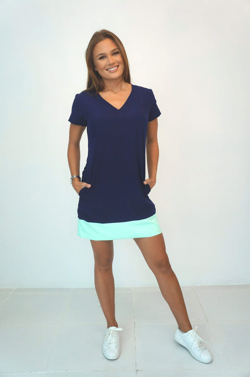 Dress The V Mini Anywhere Dress - Perfect Navy w/ Aqua Colour Block dubai outfit dress brunch fashion mums