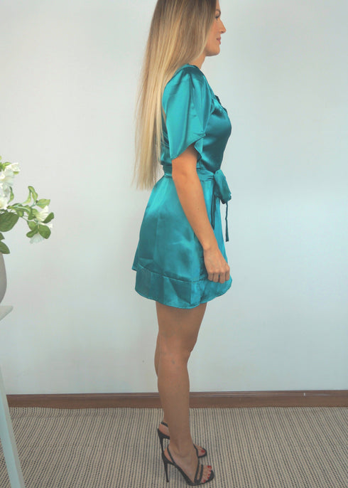 The Flirty Wrap Dress - Evening Teal Satin dubai outfit dress brunch fashion mums