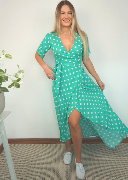The Maxi Wrap Dress - Emerald Polka dubai outfit dress brunch fashion mums