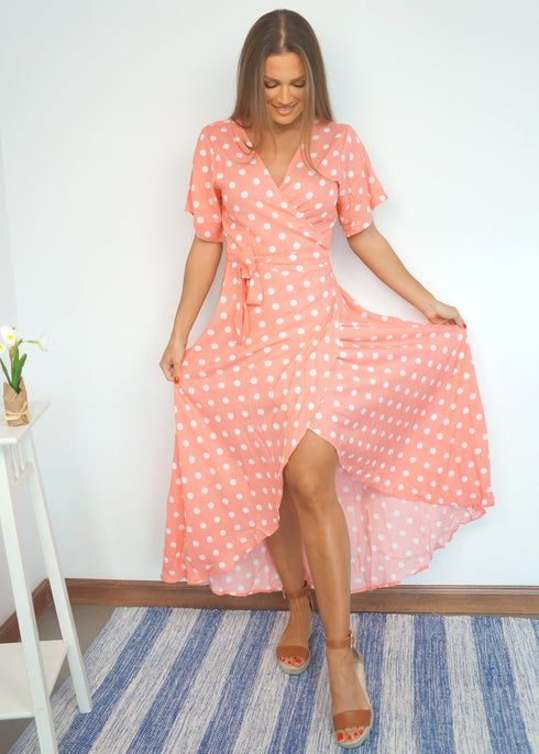 The Maxi Wrap Dress - Peach Polka dubai outfit dress brunch fashion mums