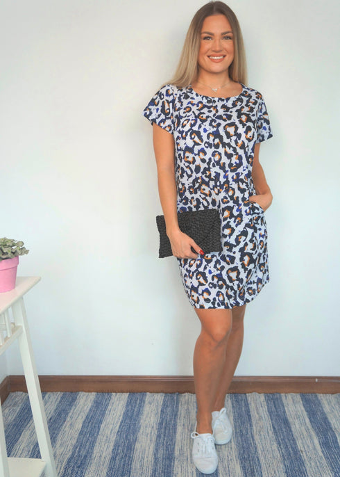 The Mini Anywhere Dress - Cobalt Gold Leopard dubai outfit dress brunch fashion mums