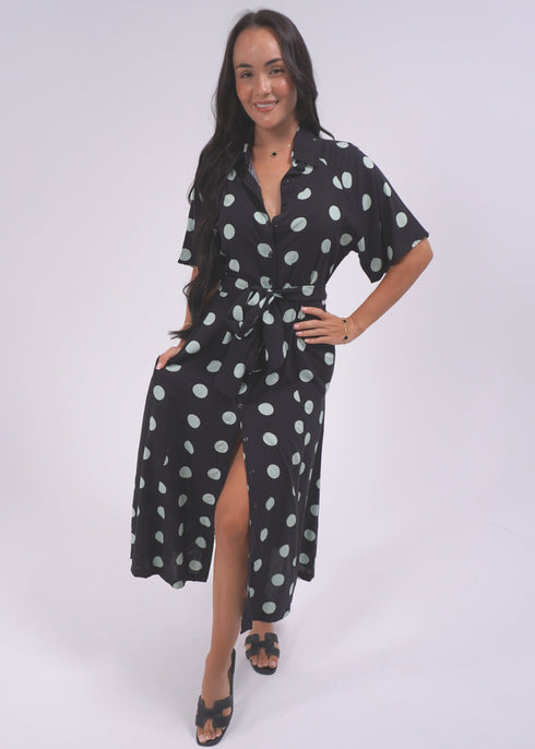 The Perfect Shirt Dress - Midnight Mint Polka dubai outfit dress brunch fashion mums