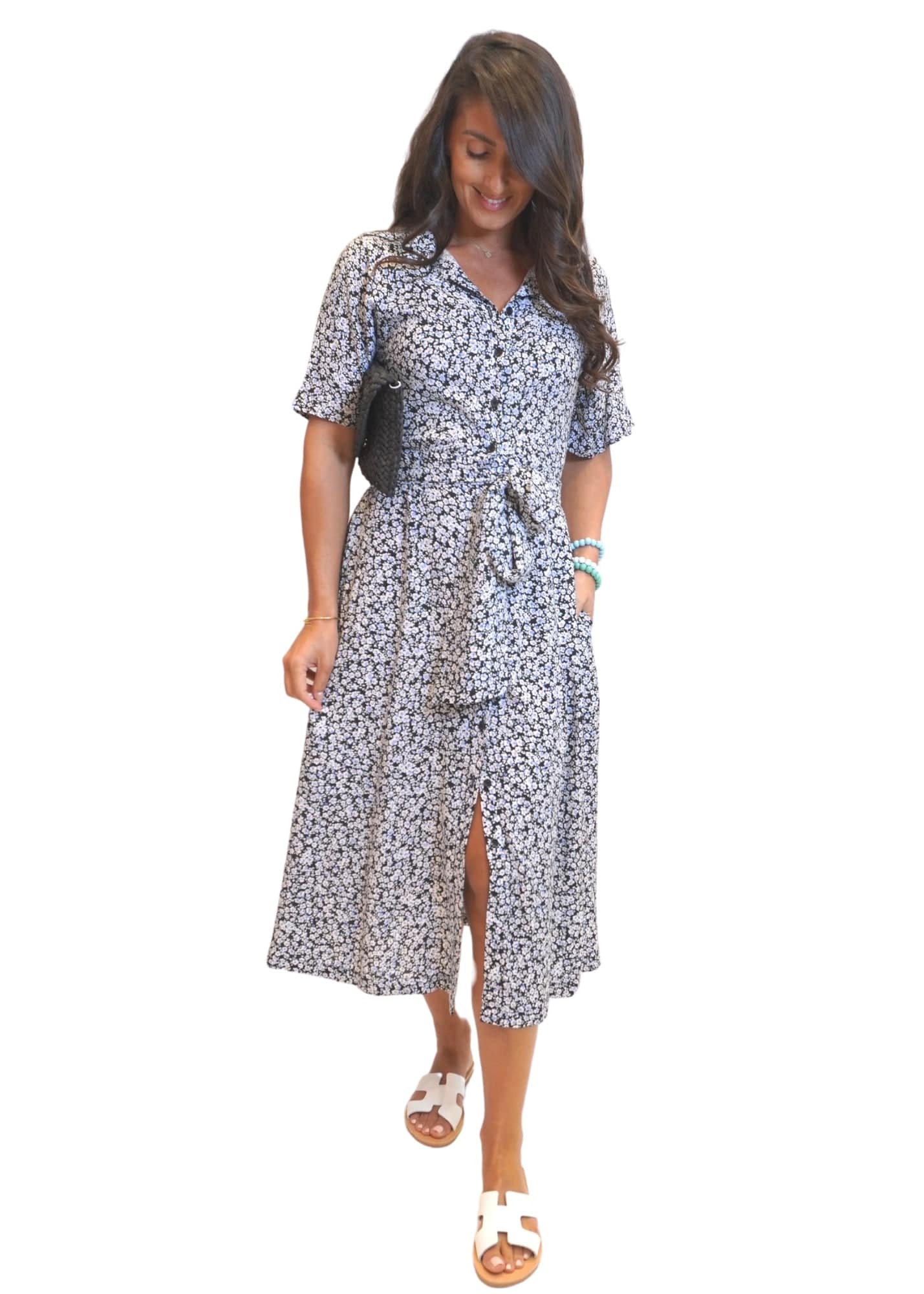 floral shirt dress outfit Blue Floral Print Midi Shirt Dress