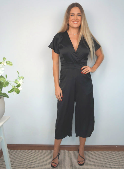 The Satin Wrap Jumpsuit - Midnight Black Satin dubai outfit dress brunch fashion mums
