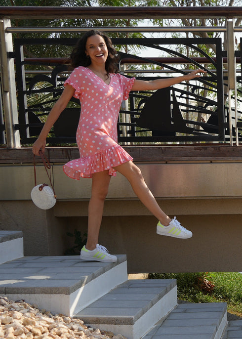 The V Flirty Anywhere Dress - Peach Polka dubai outfit dress brunch fashion mums