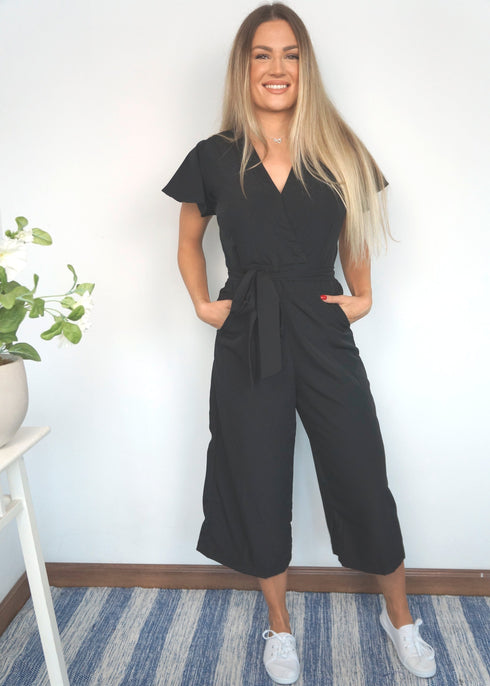 The Wrap Jumpsuit - Midnight Black Cotton dubai outfit dress brunch fashion mums