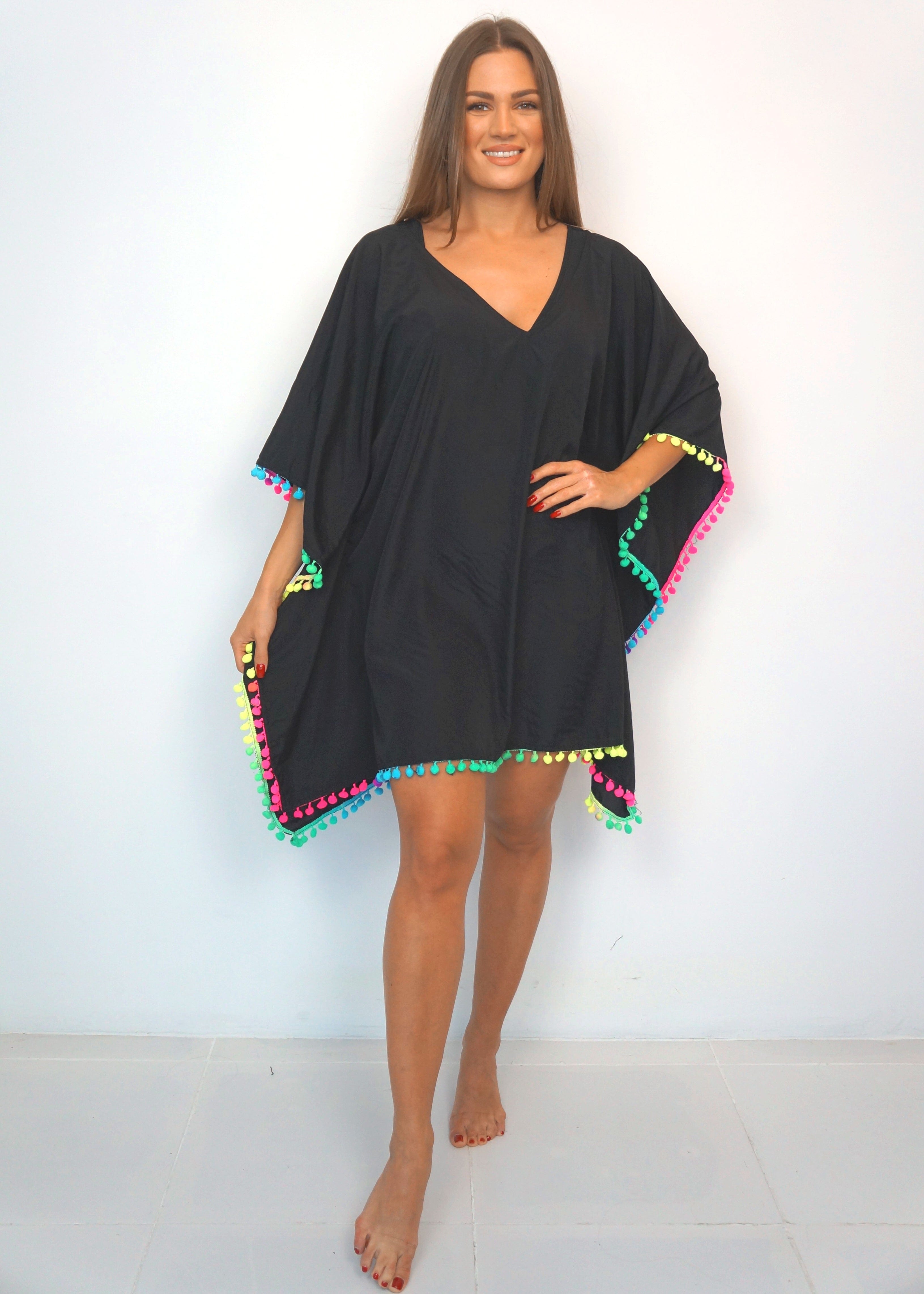 The Beach Kaftan Black Chiffon w Neon Rainbow Pom Poms NEON STAR