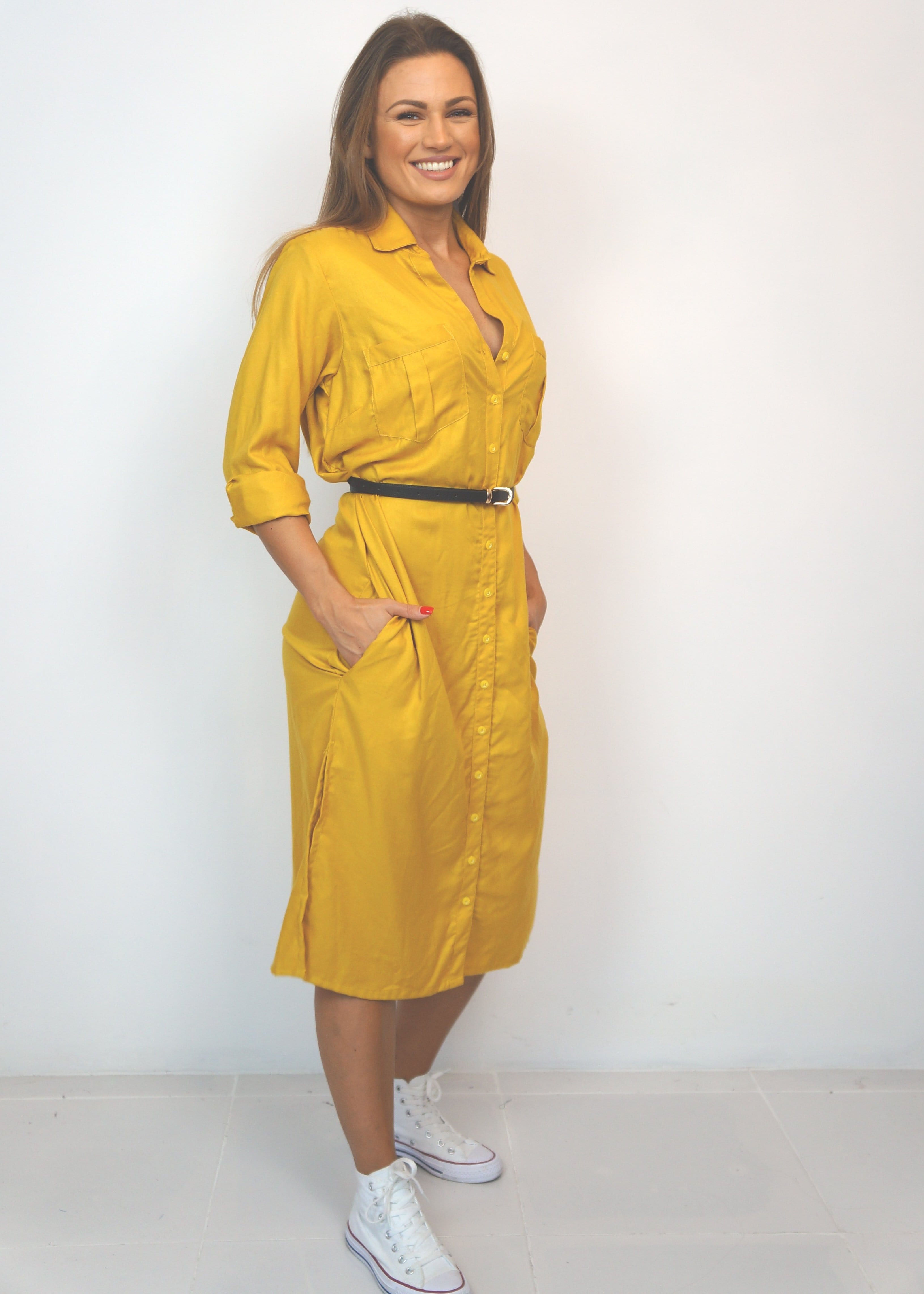 mustard yellow shirt dress Women's Hot Kiss Short Sleeve Shirt Dress Size L Mustard Yellow Worn Once EUC