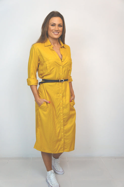 Beach Kaftan The Sara Midi Shirt Dress - Mustard Yellow dubai outfit dress brunch fashion mums