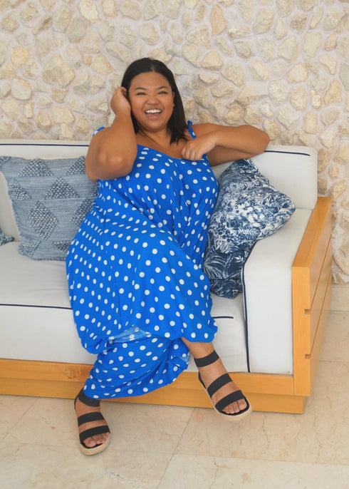 Clothing The Harem Jumpsuit | Royal Blue Polka dubai outfit dress brunch fashion mums