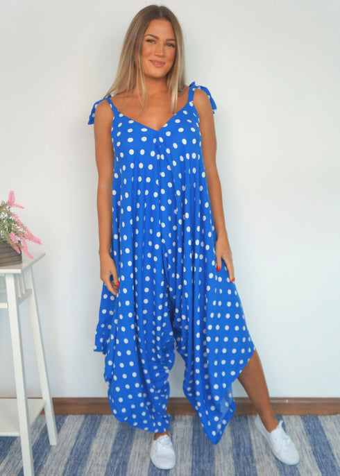 Clothing The Harem Jumpsuit - Royal Blue Polka dubai outfit dress brunch fashion mums