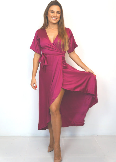 Dress The Maxi Wrap Dress - Deep Pink Satin dubai outfit dress brunch fashion mums