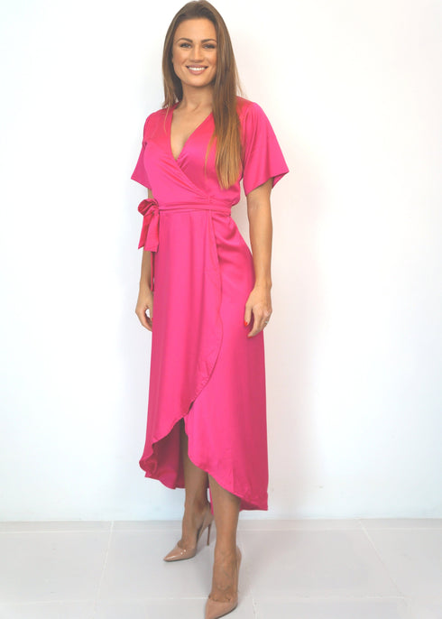 Dress The Maxi Wrap Dress - Hot Pink Satin dubai outfit dress brunch fashion mums