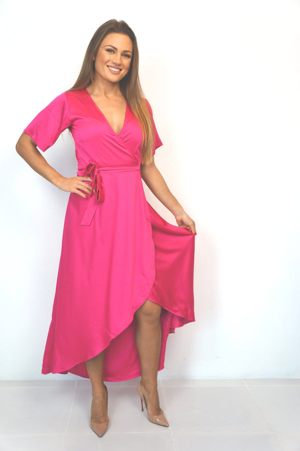 Dress The Maxi Wrap Dress - Hot Pink Satin dubai outfit dress brunch fashion mums