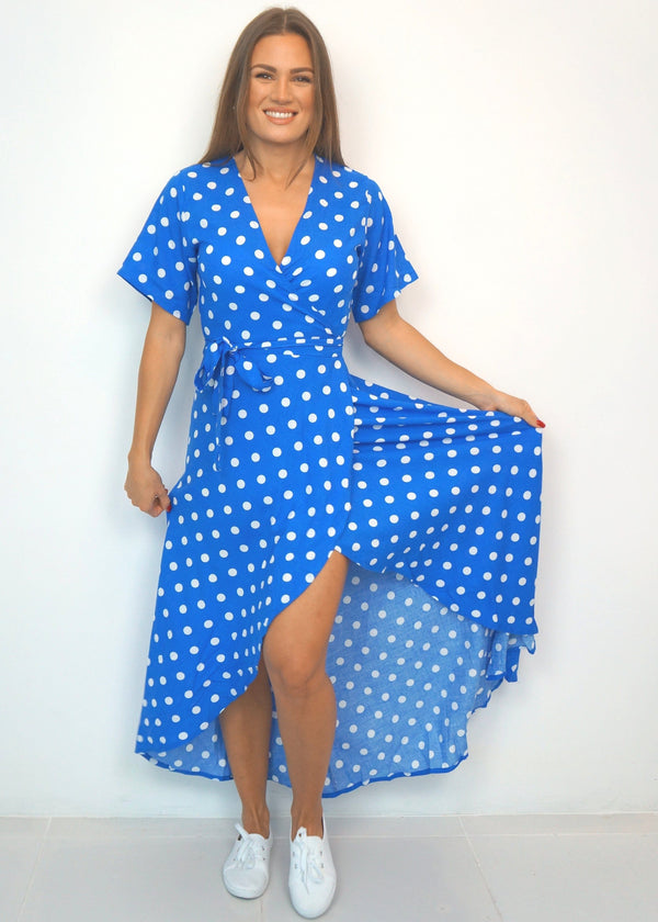 Dress The Maxi Wrap Dress - Royal Blue Polka dubai outfit dress brunch fashion mums