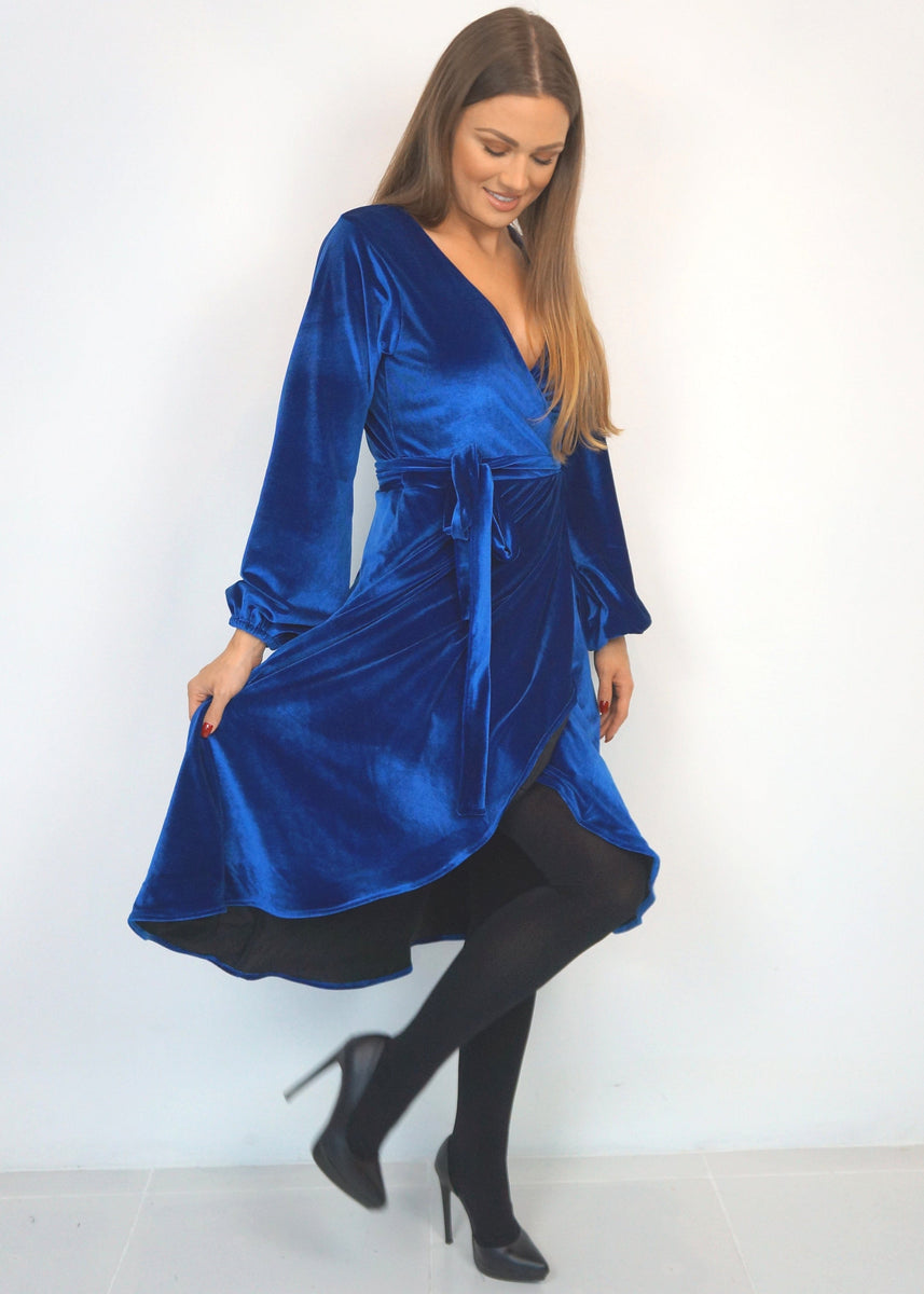 The Midi Velvet Wrap Dress w/ Balloon Sleeves - Blue Velvet NEON STAR The Midi Velvet Wrap Dress w/ Balloon Sleeves - Blue Velvet NEON STAR