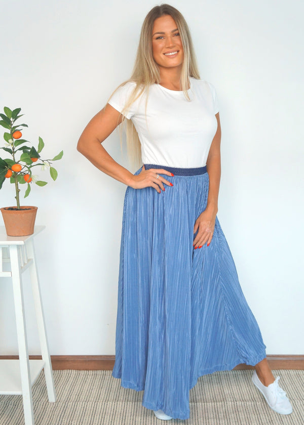 The Pleated Maxi Skirt - Slate Blue Pleats dubai outfit dress brunch fashion mums