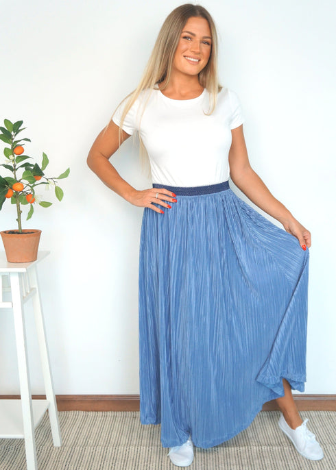 The Pleated Maxi Skirt - Slate Blue Pleats dubai outfit dress brunch fashion mums