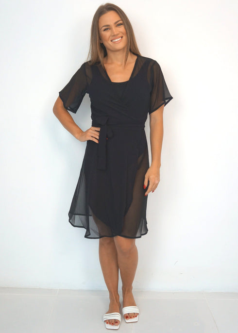The Short Beach Wrap Dress - Black Chiffon dubai outfit dress brunch fashion mums