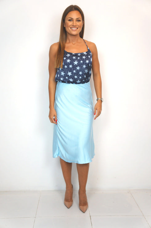 The Stephanie Skirt - Ice Blue Satin dubai outfit dress brunch fashion mums